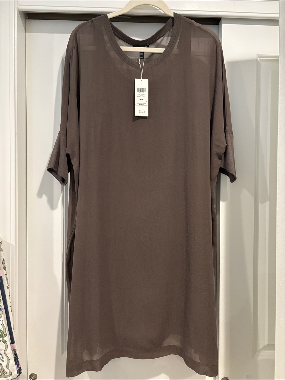 Eileen Fisher Silk Georgette Round Neck Shift Dress-Medium NWT Color-Cobblestone